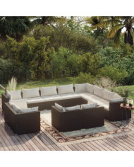 Salon de jardin 12 pcs avec coussins Noir Résine tressée | Mobilier & Déco