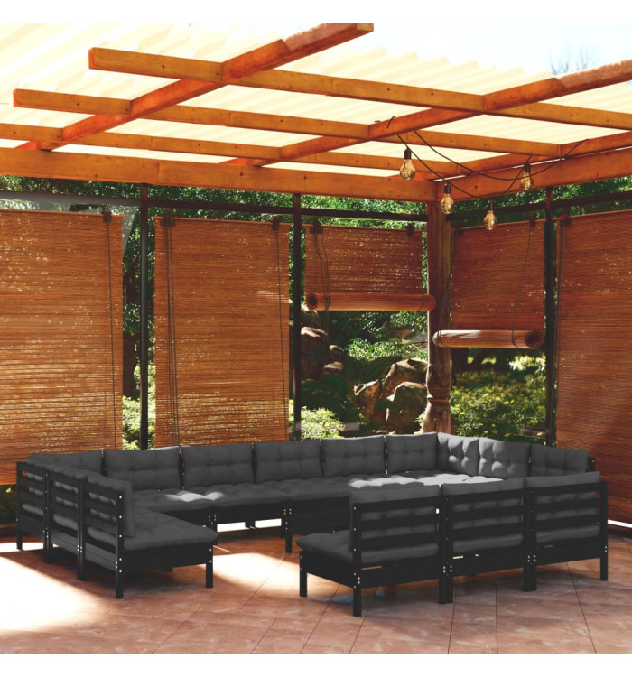 Salon de jardin 14 pcs avec coussins Noir Bois de pin solide | Mobilier & Déco