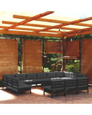 Salon de jardin 14 pcs avec coussins Noir Bois de pin solide | Mobilier & Déco