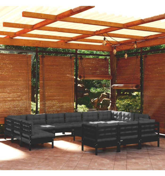 Salon de jardin 14 pcs avec coussins Noir Bois de pin | Mobilier & Déco