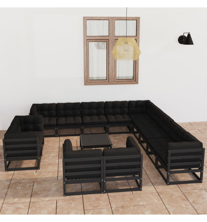Salon de jardin 14 pcs avec coussins Noir Bois de pin massif | Mobilier & Déco
