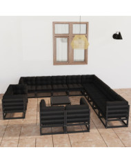 Salon de jardin 14 pcs avec coussins Noir Bois de pin massif | Mobilier & Déco