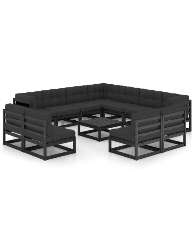 Salon de jardin 12 pcs avec coussins Noir Bois de pin massif | Mobilier & Déco