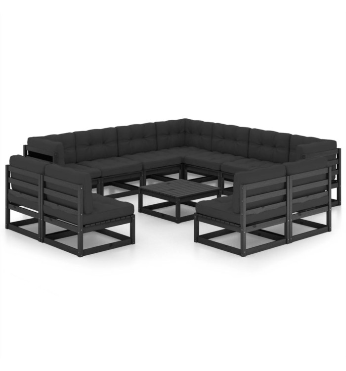 Salon de jardin 12 pcs avec coussins Noir Bois de pin massif | Mobilier & Déco
