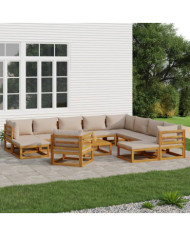 Salon de jardin 12 pcs avec coussins taupe bois massif | Mobilier & Déco