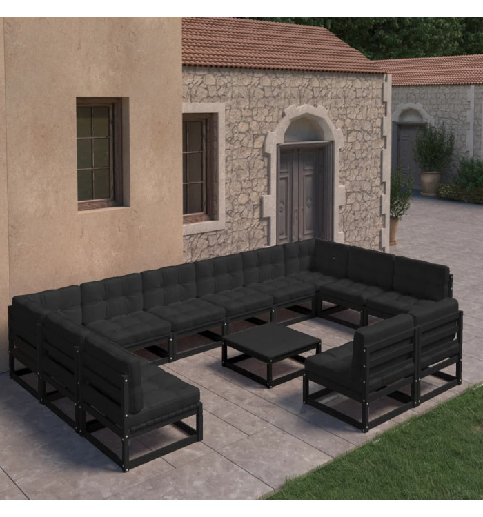Salon de jardin 13 pcs avec coussins noir bois de pin massif | Mobilier & Déco