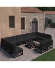 Salon de jardin 13 pcs avec coussins noir bois de pin massif | Mobilier & Déco