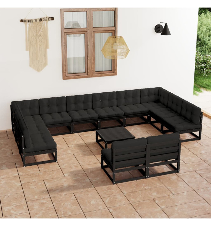 Salon de jardin 13 pcs avec coussins noir bois de pin massif | Mobilier & Déco