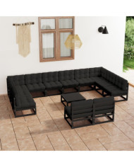 Salon de jardin 13 pcs avec coussins noir bois de pin massif | Mobilier & Déco