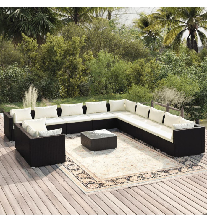 Salon de jardin 12 pcs avec coussins Noir Résine tressée | Mobilier & Déco