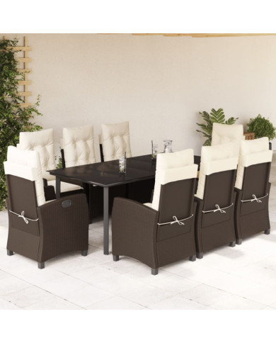 Ensemble à manger de jardin et coussins 9 pcs marron poly rotin | Mobilier & Déco