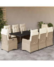 Ensemble à manger de jardin et coussins 9 pcs beige Poly rotin | Mobilier & Déco