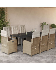 Ensemble à manger de jardin et coussins 9 pcs beige Poly rotin | Mobilier & Déco
