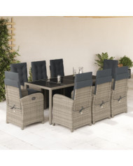 Ensemble à manger de jardin 9 pcs coussins gris résine tressée | Mobilier & Déco