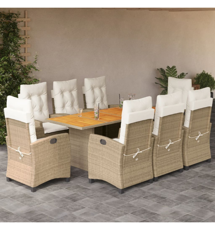 Ensemble à manger de jardin et coussins 9 pcs beige Poly rotin | Mobilier & Déco