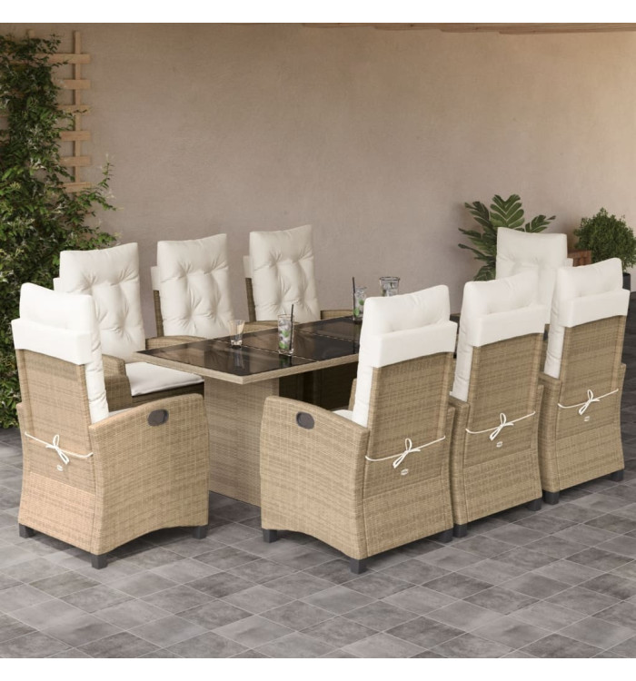 Ensemble à manger de jardin et coussins 9 pcs beige Poly rotin | Mobilier & Déco
