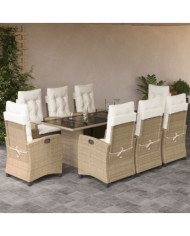 Ensemble à manger de jardin et coussins 9 pcs beige Poly rotin | Mobilier & Déco