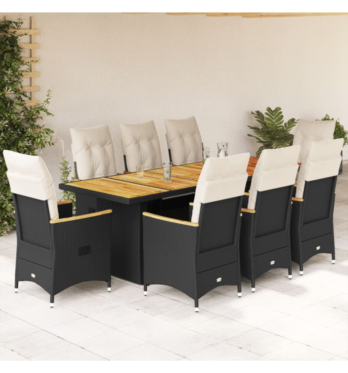 Ensemble de bistro de jardin 9 pcs coussins noir poly rotin | Mobilier & Déco