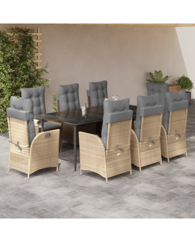 Ensemble à manger de jardin et coussins 9 pcs beige Poly rotin | Mobilier & Déco