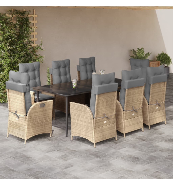 Ensemble à manger de jardin et coussins 9 pcs beige Poly rotin | Mobilier & Déco
