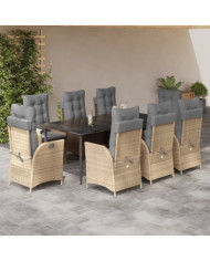 Ensemble à manger de jardin et coussins 9 pcs beige Poly rotin | Mobilier & Déco