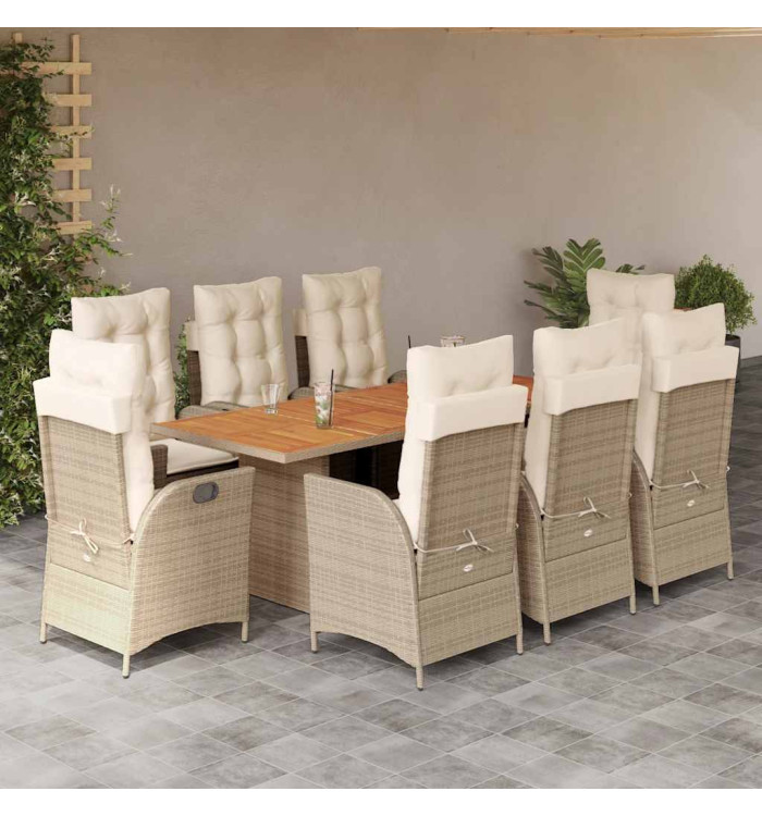 Ensemble à manger de jardin et coussins 9 pcs beige Poly rotin | Mobilier & Déco