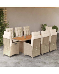 Ensemble à manger de jardin et coussins 9 pcs beige Poly rotin | Mobilier & Déco