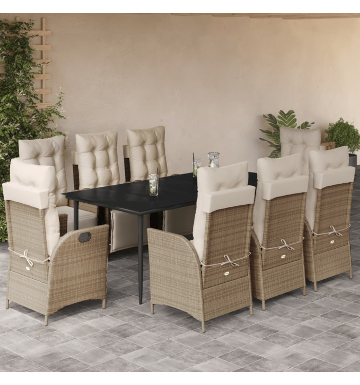 Ensemble à manger de jardin et coussins 9 pcs beige Poly rotin | Mobilier & Déco