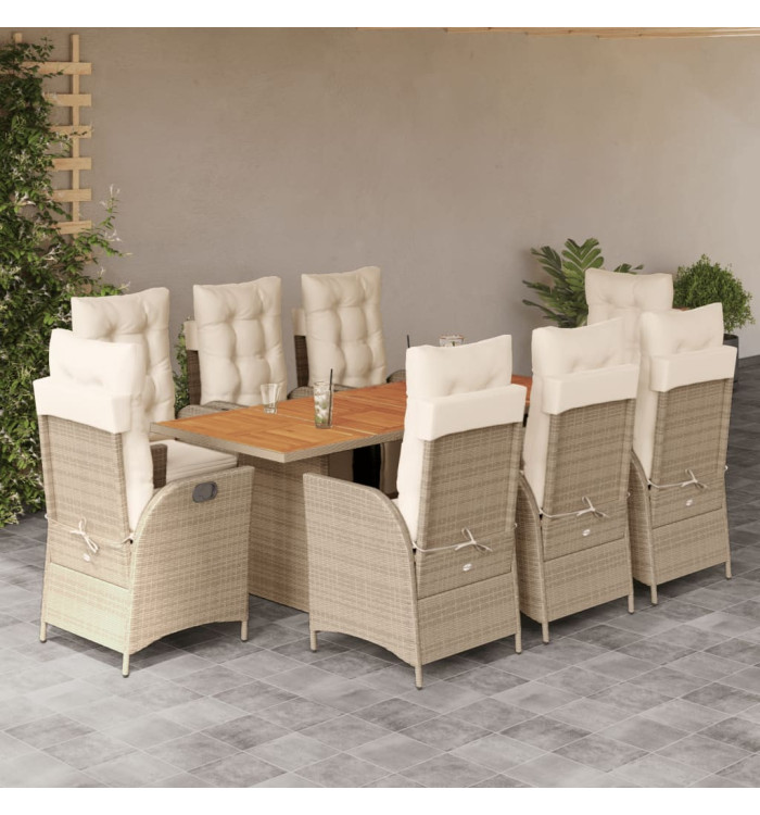 Ensemble à manger de jardin et coussins 9 pcs beige Poly rotin | Mobilier & Déco