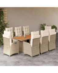 Ensemble à manger de jardin et coussins 9 pcs beige Poly rotin | Mobilier & Déco
