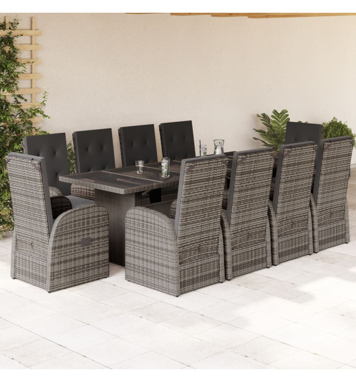 Ensemble à manger de jardin 11pcs avec coussins gris poly rotin | Mobilier & Déco