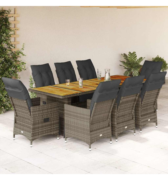 Ensemble de bistro de jardin 9 pcs coussins gris poly rotin | Mobilier & Déco