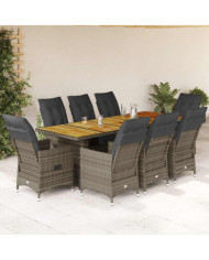 Ensemble de bistro de jardin 9 pcs coussins gris poly rotin | Mobilier & Déco