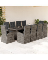 Ensemble à manger de jardin 11pcs avec coussins gris poly rotin | Mobilier & Déco