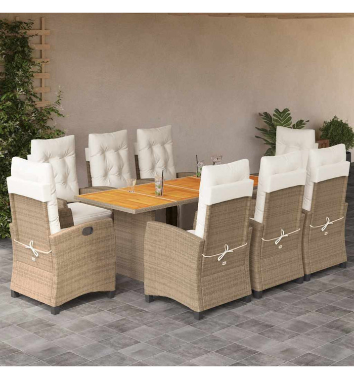 Ensemble à manger de jardin et coussins 9 pcs beige Poly rotin | Mobilier & Déco