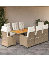 Ensemble à manger de jardin et coussins 9 pcs beige Poly rotin | Mobilier & Déco