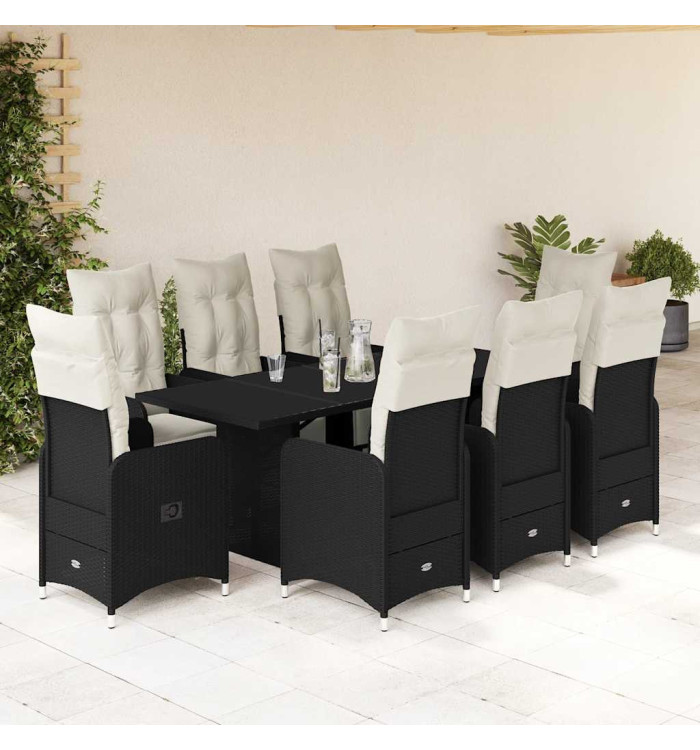 Ensemble de bistro de jardin 9 pcs coussins noir poly rotin | Mobilier & Déco