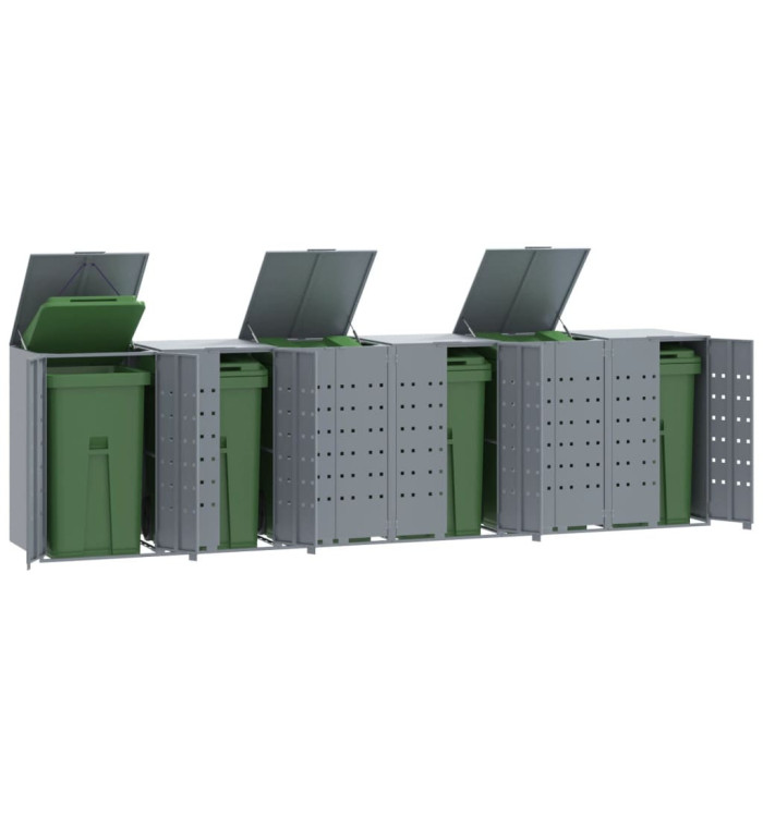Rangement à roulettes pour poubelles pour 6 bacs gris acier | Mobilier & Déco