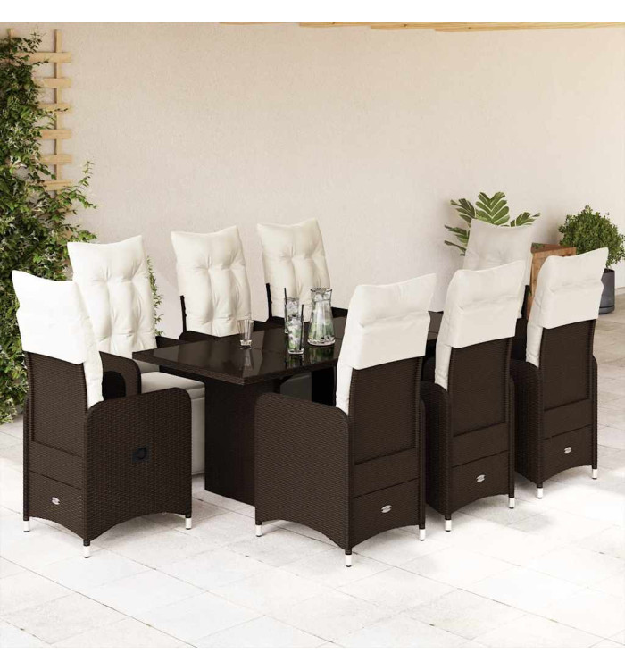 Ensemble de bistro de jardin 9 pcs coussins marron poly rotin | Mobilier & Déco