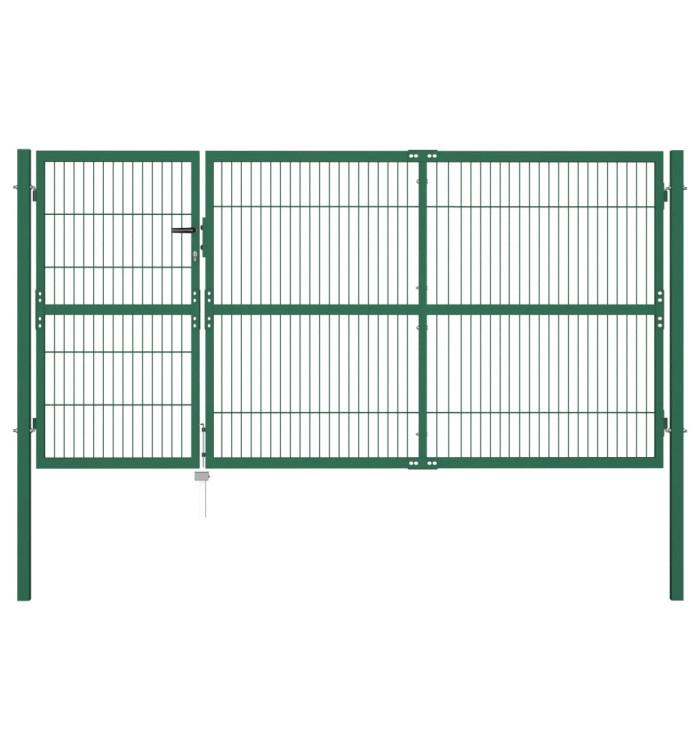 Portail de clôture de jardin avec poteaux 350x140 cm Acier Vert | Mobilier & Déco