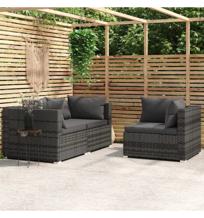 Salon de jardin 3 pcs avec coussins Gris Résine tressée | Mobilier & Déco