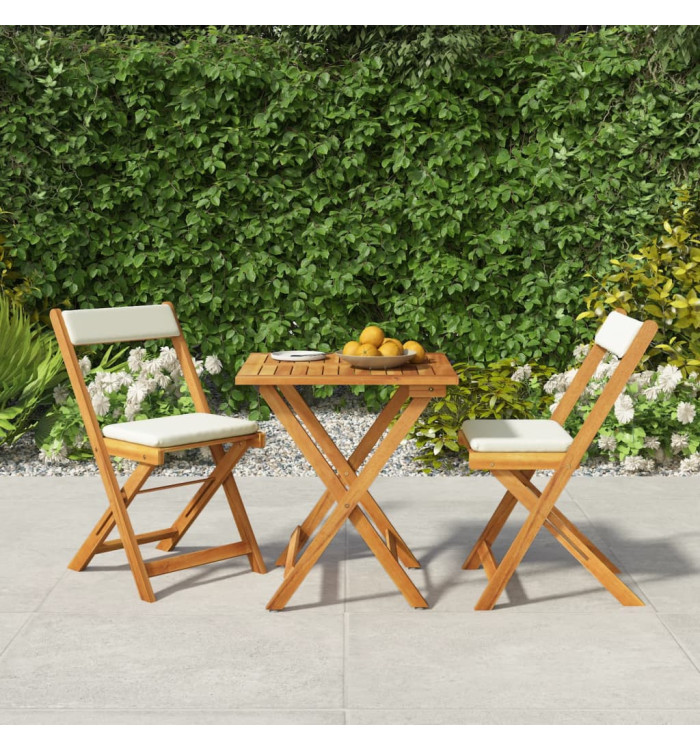 Ensemble de bistro pliable 3 pcs avec coussins Acacia solide | Mobilier & Déco