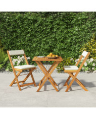 Ensemble de bistro pliable 3 pcs avec coussins Acacia solide | Mobilier & Déco