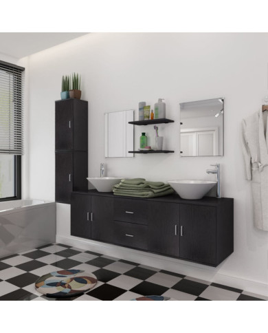 Meuble de salle de bain 11 pcs avec lavabo et robinet Noir | Mobilier & Déco