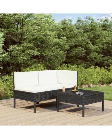 Salon de jardin 3 pcs avec coussins Résine tressée Noir | Mobilier & Déco