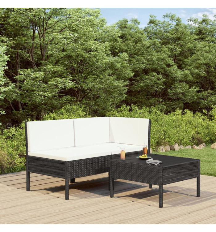 Salon de jardin 3 pcs avec coussins Résine tressée Noir | Mobilier & Déco