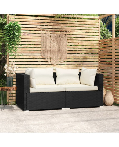 Canapé 2 places avec coussins Noir Résine tressée | Mobilier & Déco