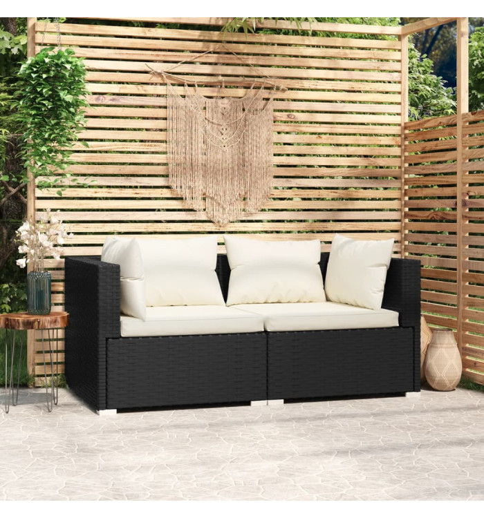 Canapé 2 places avec coussins Noir Résine tressée | Mobilier & Déco