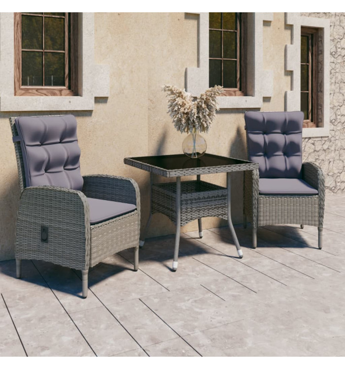 Ensemble à Manger de jardin 3 pcs Résine tressée et verre Gris | Mobilier & Déco