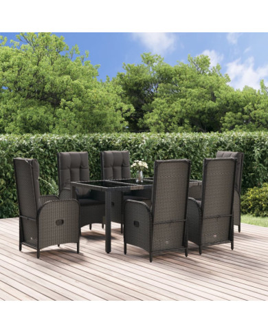 Ensemble à manger jardin et coussins 7 pcs Noir et gris Rotin | Mobilier & Déco